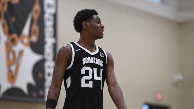 July 5, 2023; North Augusta, S.C., USA; NJ Scholars Billy Richmond (24) during the Team Thad and NJ Scholars game at third day of the Peach Jam in Riverview Park Activities Center. Team Thad defeated NJ Scholars 67-59. Mandatory Credit: Katie Goodale-USA TODAY Network